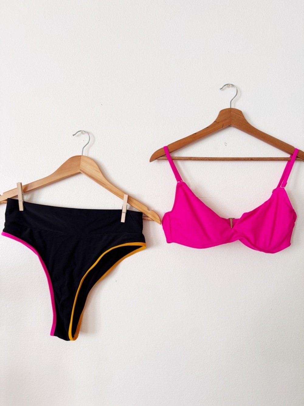 Hot Pink Bikini Top with Black High-Waist Bottom large